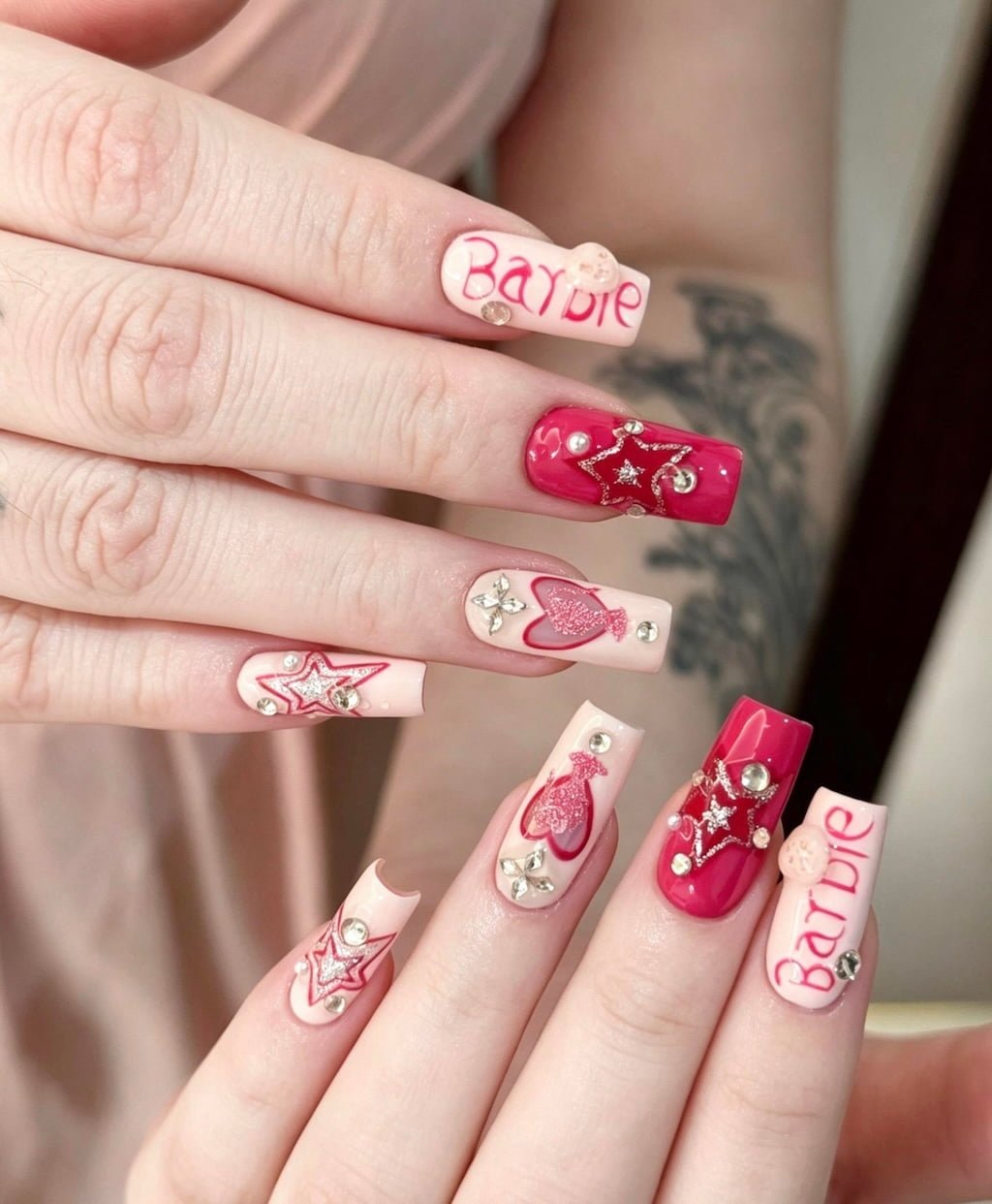 Hot Pink Star and Heart Y2K Nails
