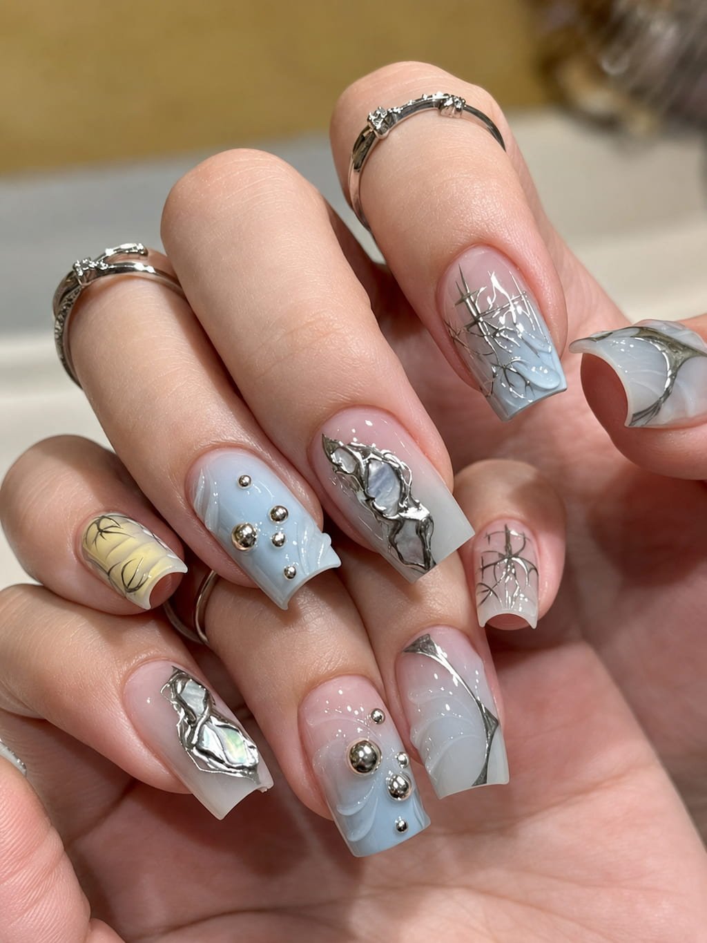 Icy Blue Chrome and Silver Frame Y2K Nails