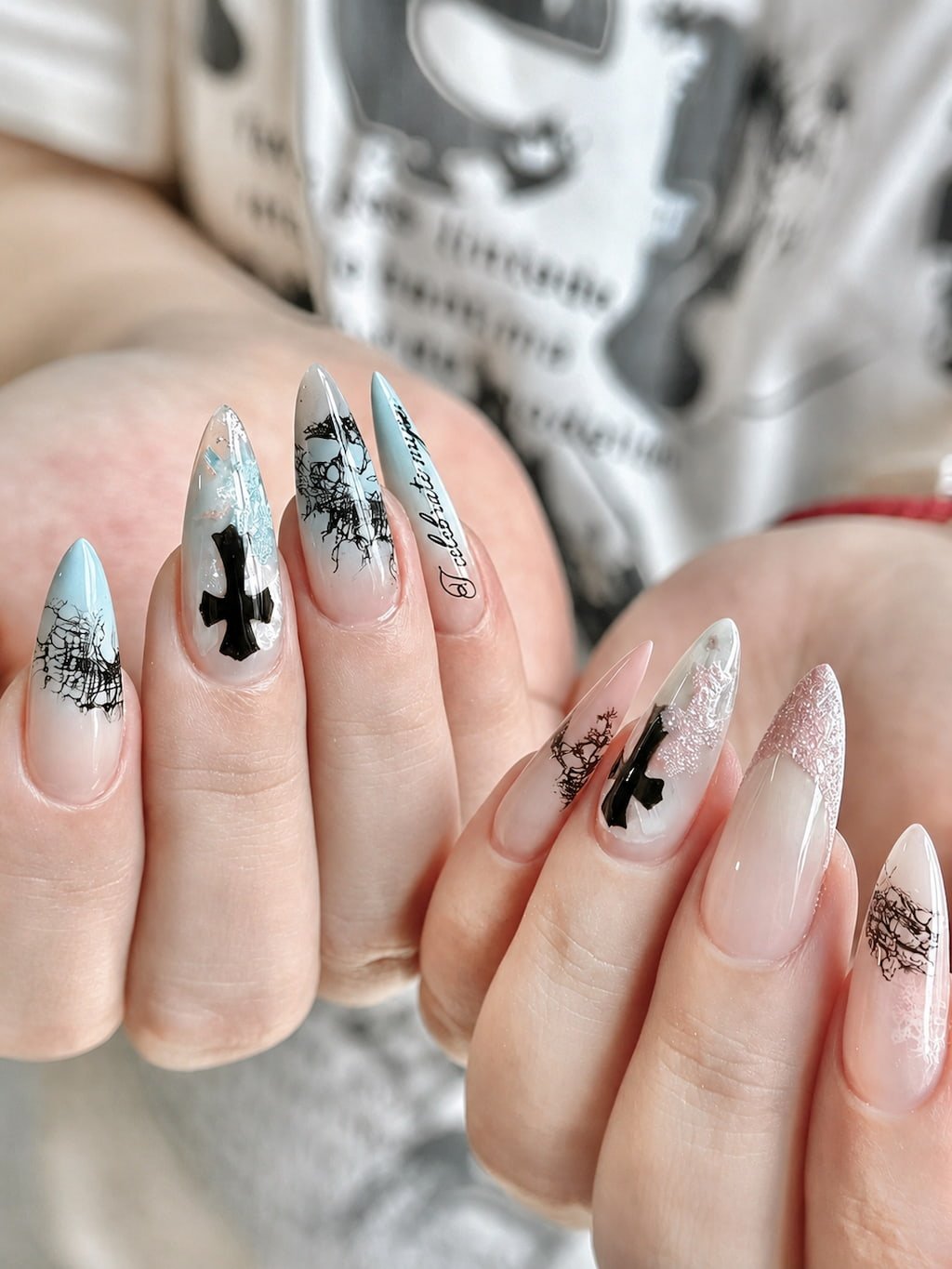 Icy Blue Cross and Black Lace Y2K Nails