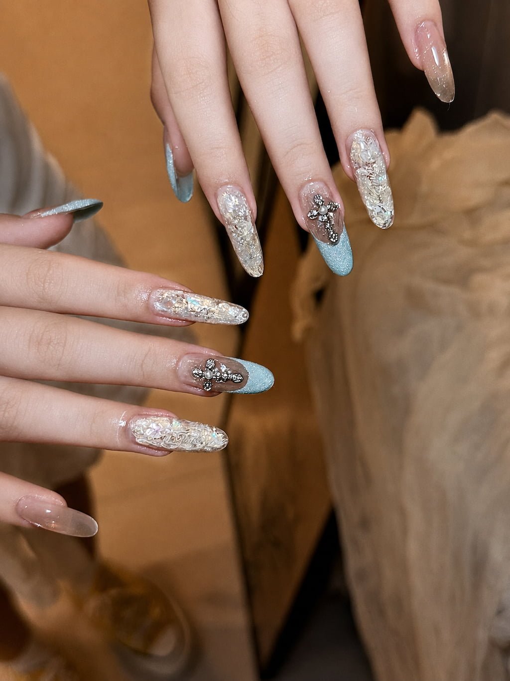 Icy Blue French Tips with Silver Floral Gem August Nails