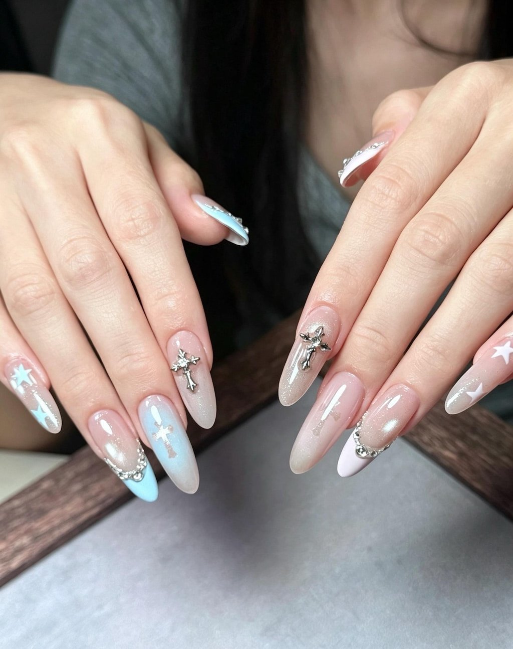 Icy Blue Star and Cross Charm Y2K Nails