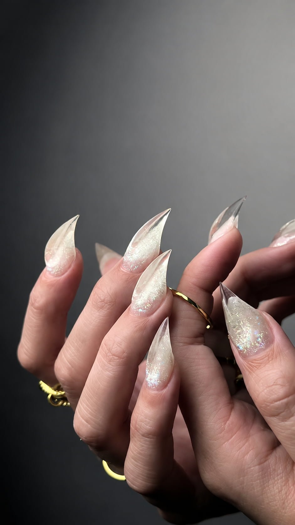 Iridescent Clear Cat Claw Nails with Shimmering Glitter