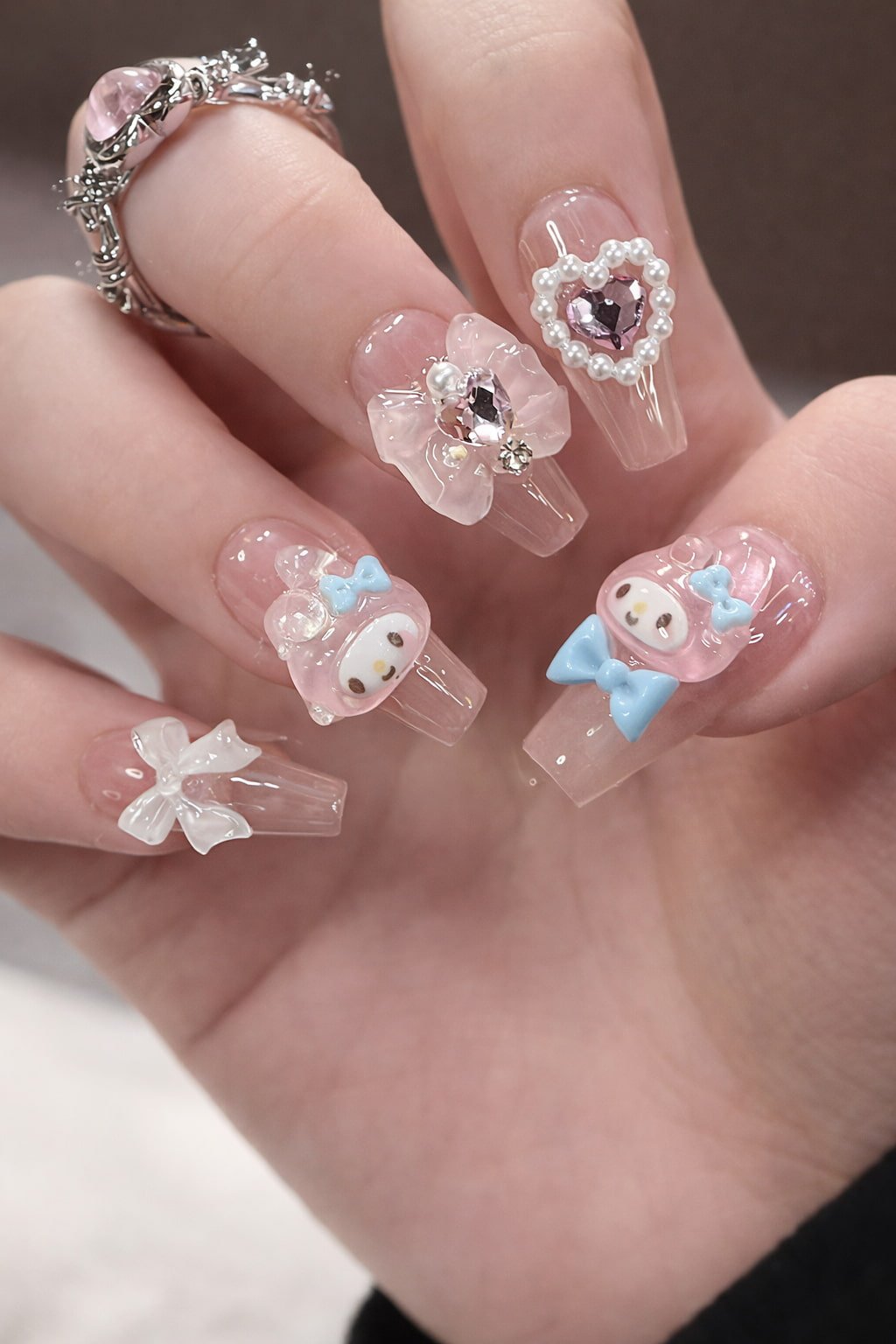 Kawaii Wedding Nails with 3D Bows, Pearls and Charms