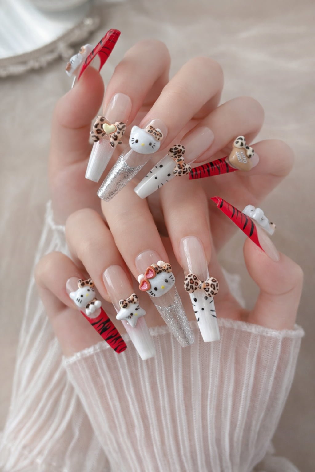 Leopard Print 3D Hello Kitty Nail Design
