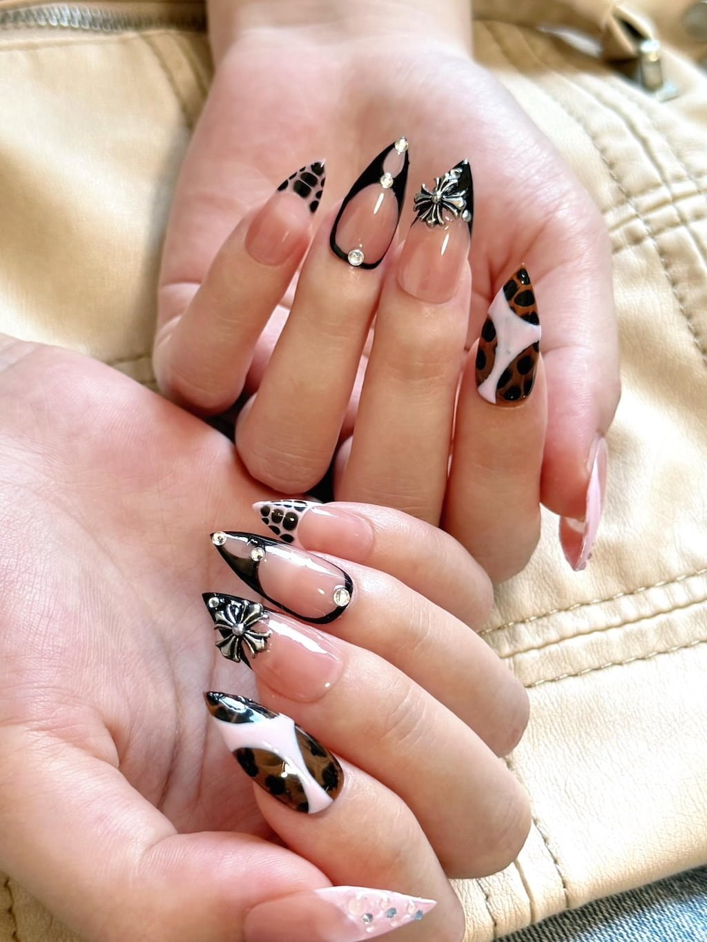 Leopard Print and Black Chrome Y2K Nails