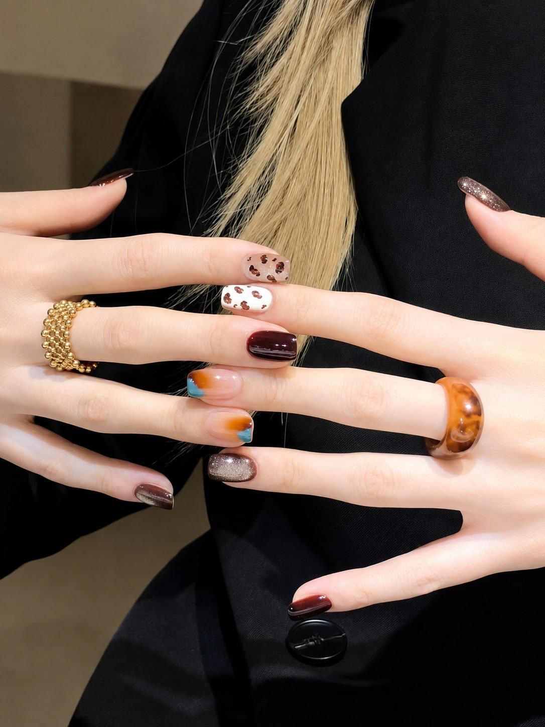 Leopard Print and Burgundy Color Block Fall Nail Design