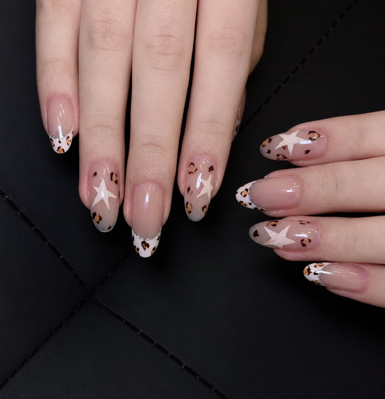 Leopard Print French Nails with White Star Details
