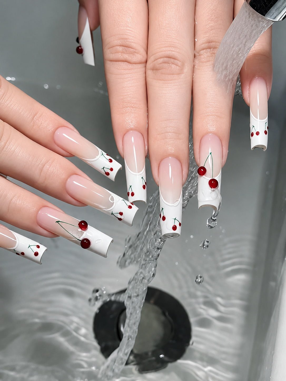 Long White French Nails with Cherry Art