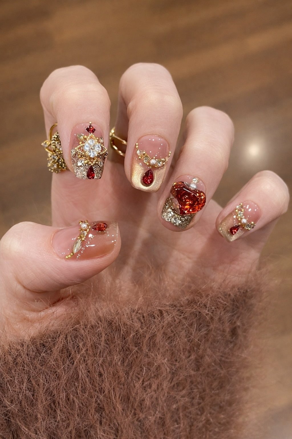 Luxury Gold Wedding Nails with Red Gemstones and 3D Rose