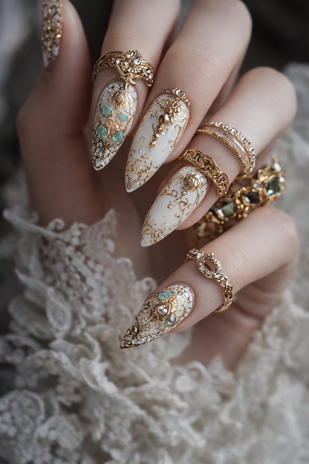 Luxury White and Gold Wedding Nails with Gemstone Details