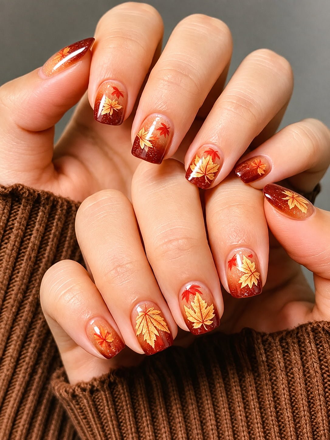 Maple Leaf Gradient Fall Nail Design in Warm Amber Tones