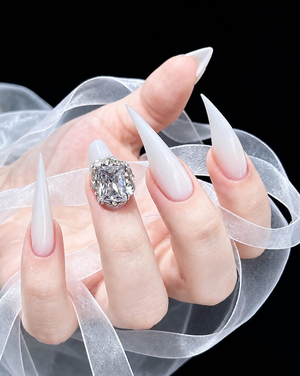 Milky White Cat Claw Nails with Oversized Crystal Accent