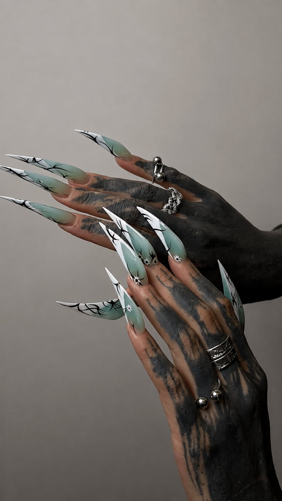 Mint Green Cat Claw Nails with Black Spiderweb Details