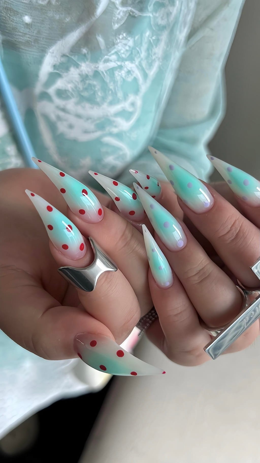 Mint Green Cat Claw Nails with Red and Lavender Polka Dots