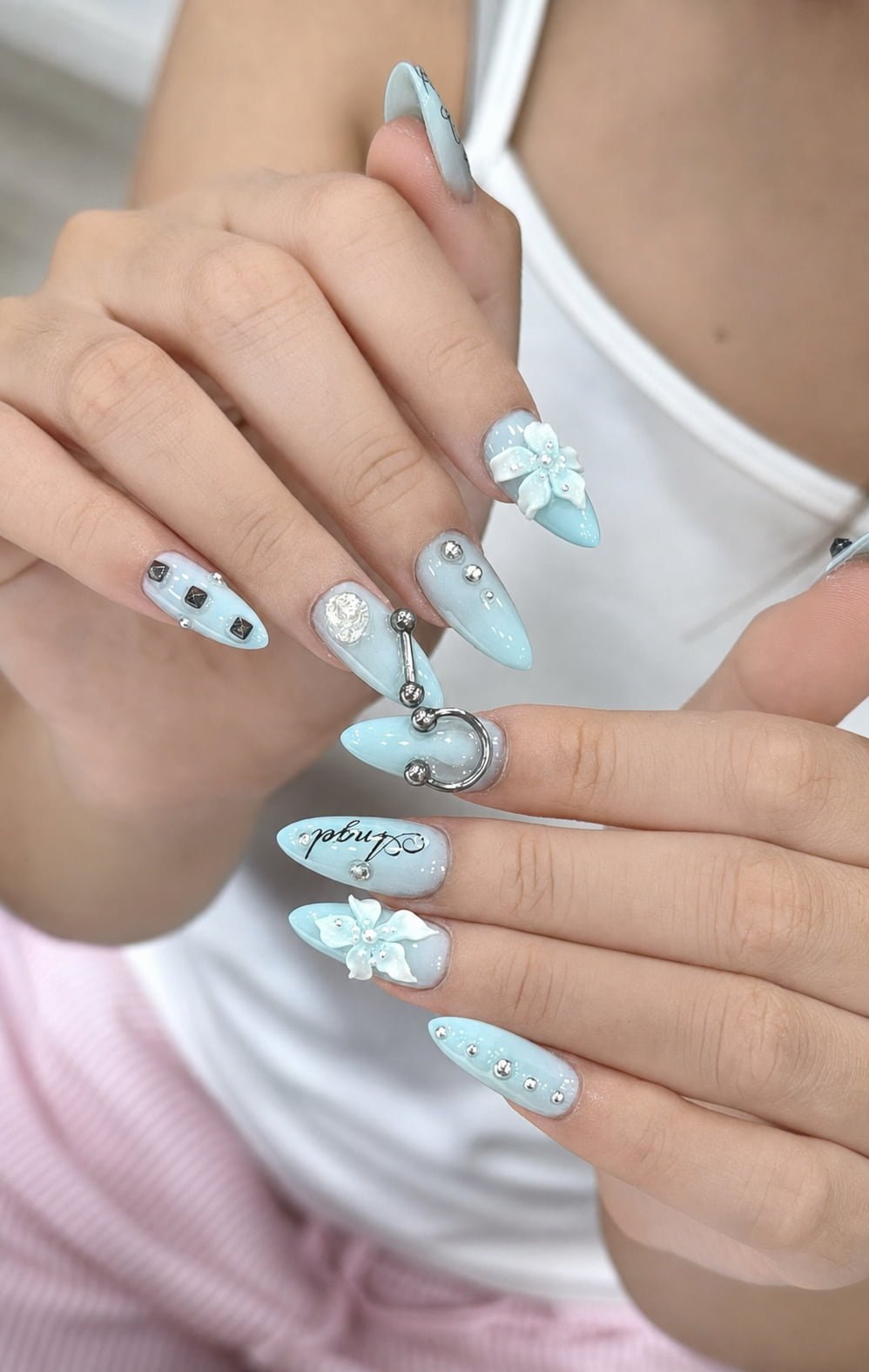Mint Green Floral Summer Nail Art with Pearl Accents