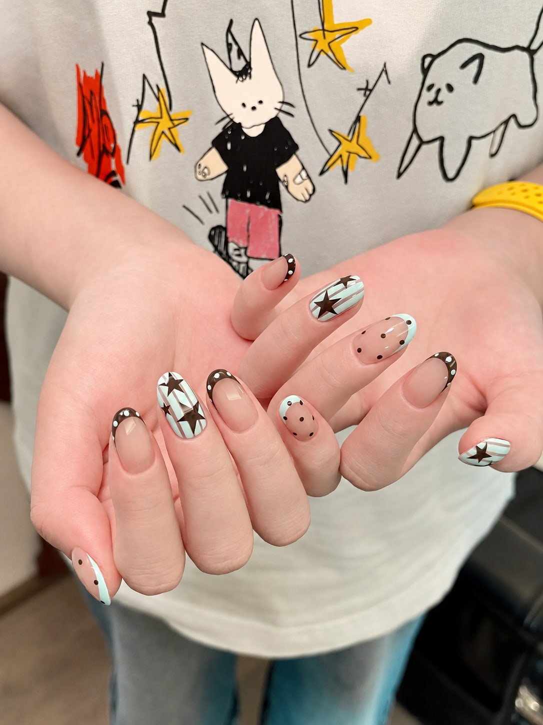 Mint Green Star French Nails with Chocolate Brown Polka Dots