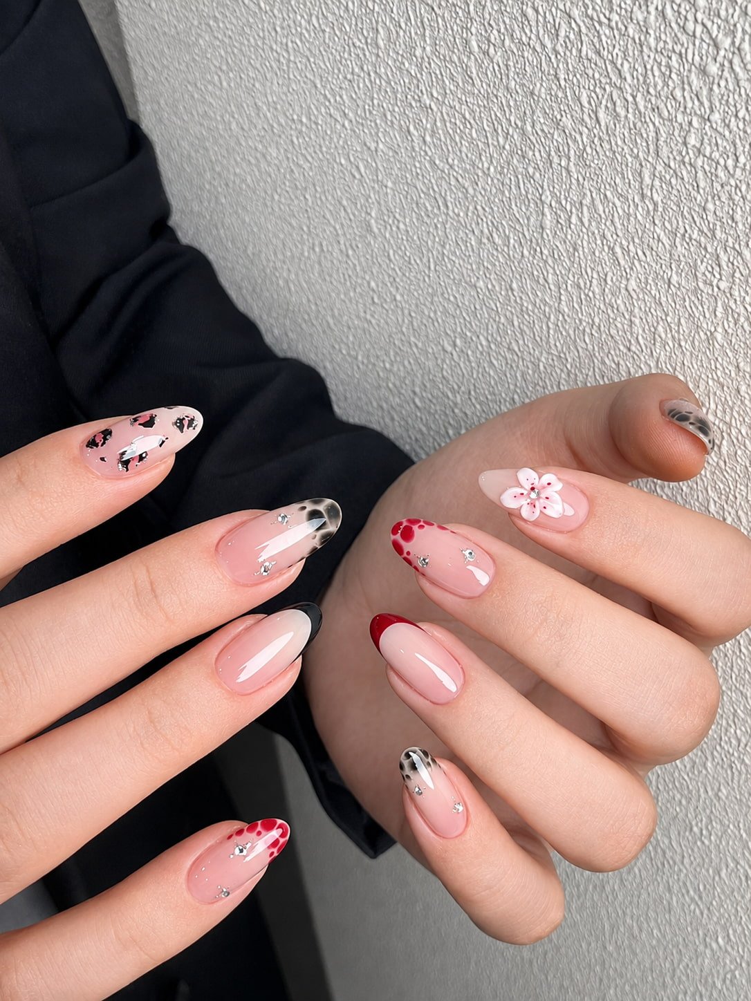 Mixed French Nails with Red Tips, Animal Print, and 3D Flower Art
