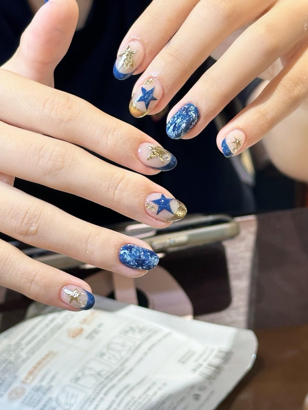 Navy and Gold Star Preppy Nails with Glitter Accents