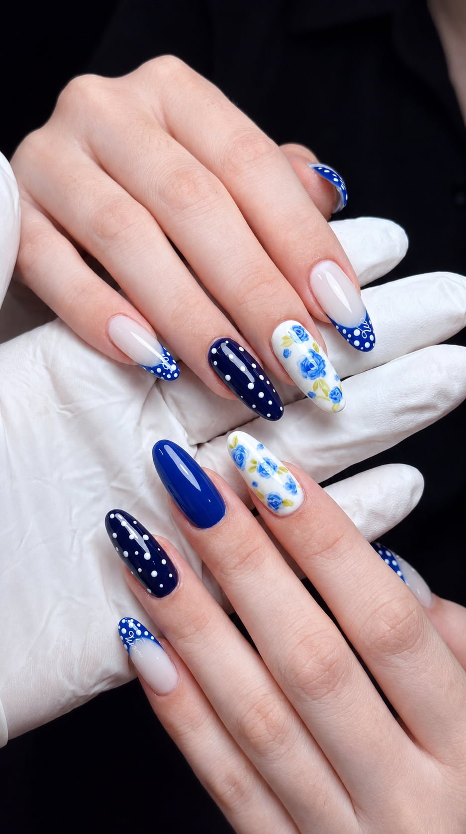 Navy Blue Preppy Nails with Polka Dots and Rose Art