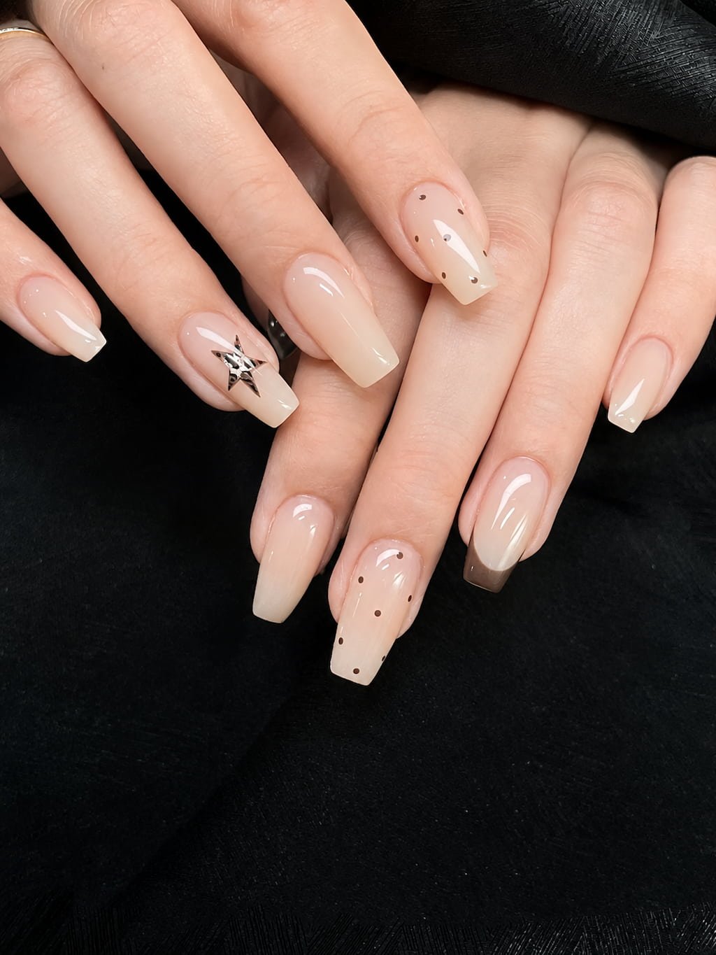 Neutral Preppy Nails with Polka Dots and Star Charm