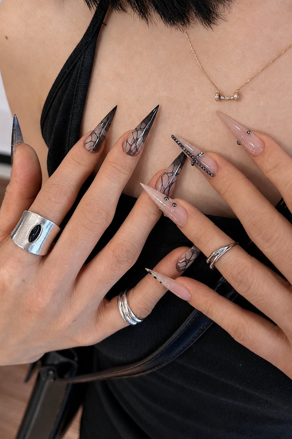Nude Cat Claw Nails with Black Lace and Cross Details