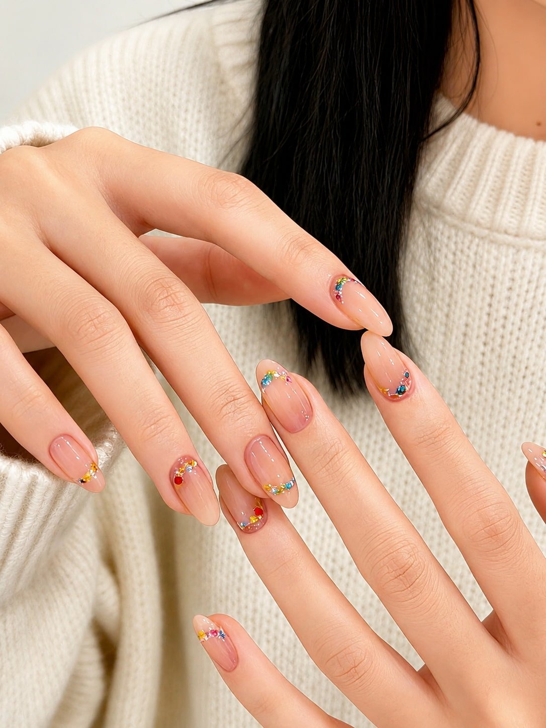 Nude Fall Nail Design with Colorful Gemstone French Tip Accents
