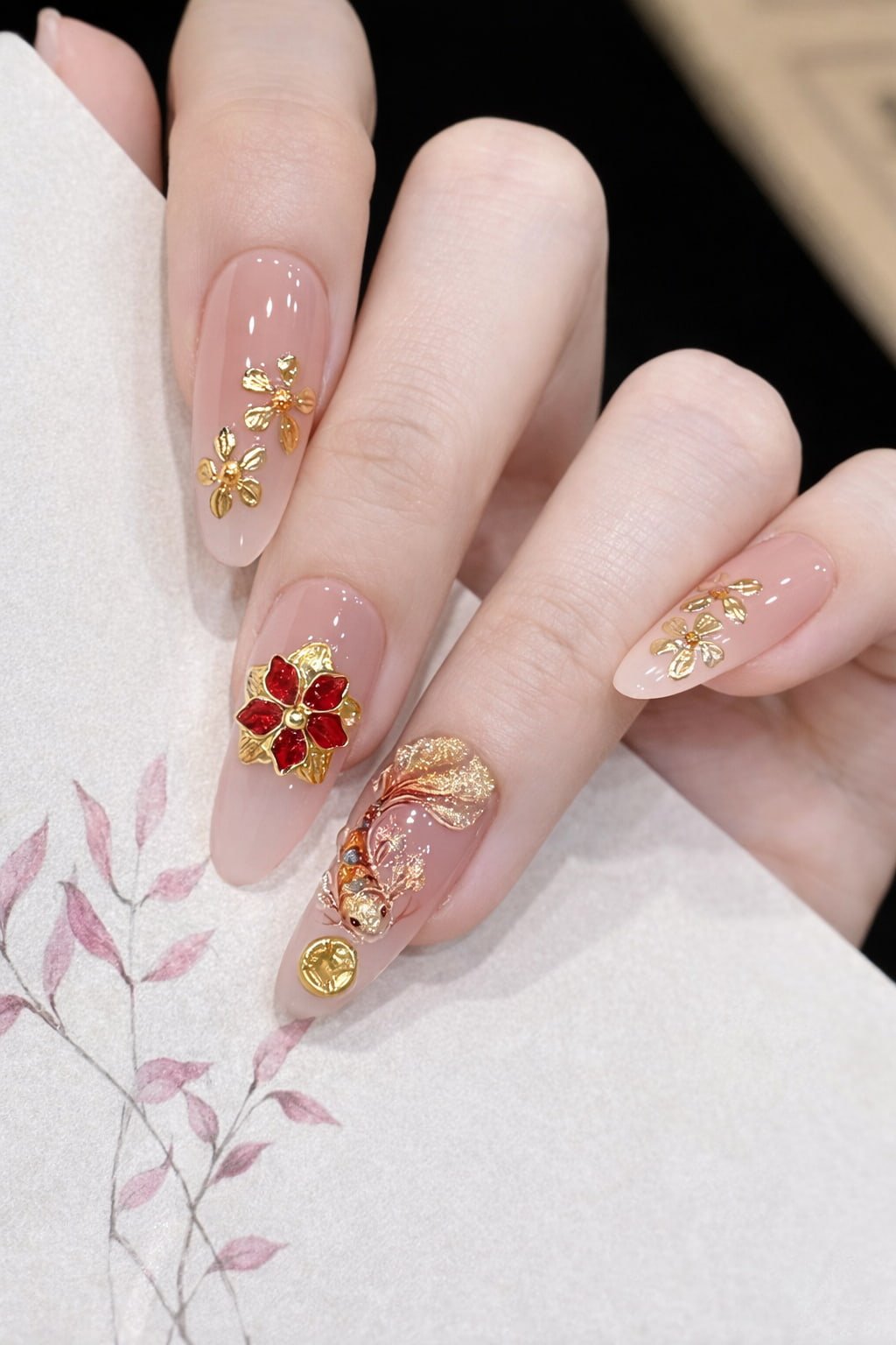 Nude Wedding Nails with Red Flowers and Gold Koi Fish
