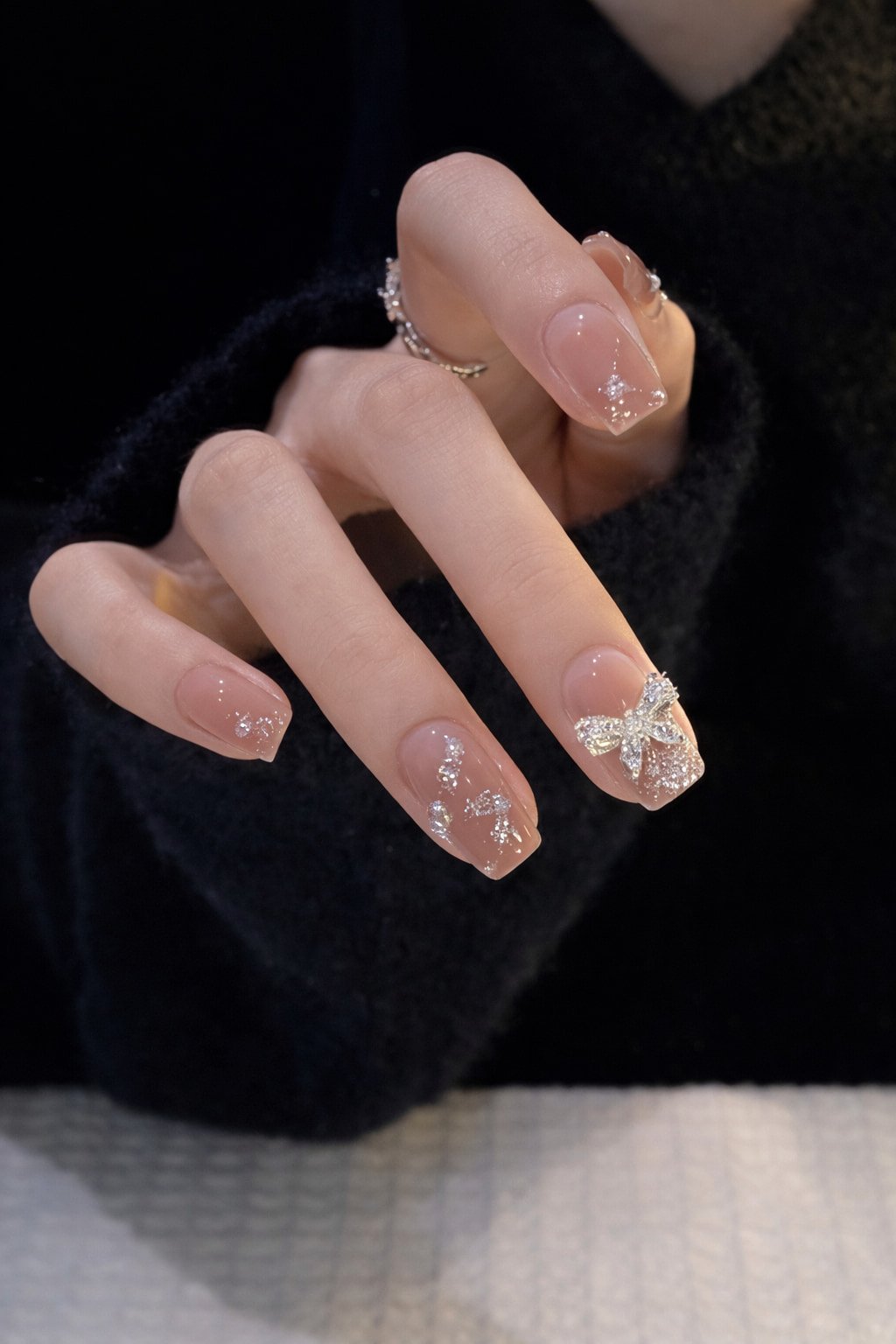 Nude Wedding Nails with Silver Glitter Butterfly Accent
