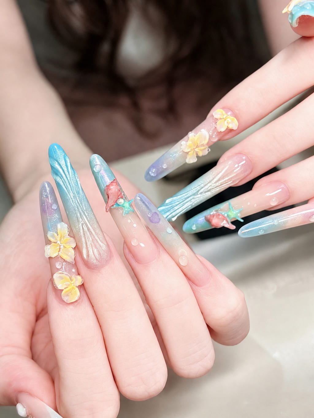 Ocean Floral Mermaid Beachy Nail Design