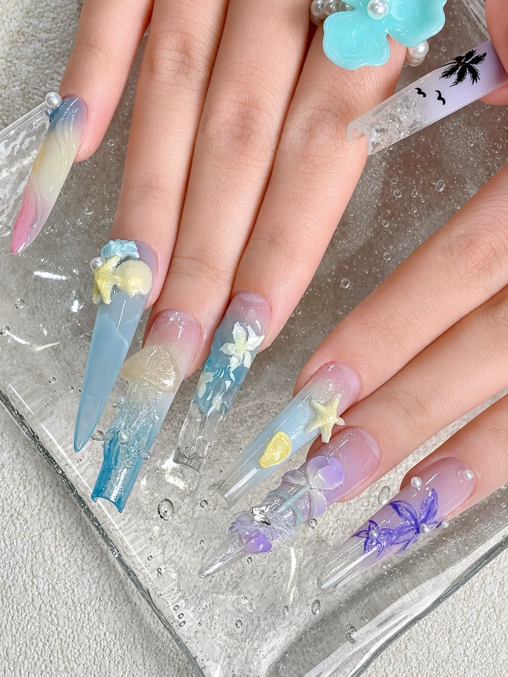 Ocean Mermaid Flower Beachy Nail Design