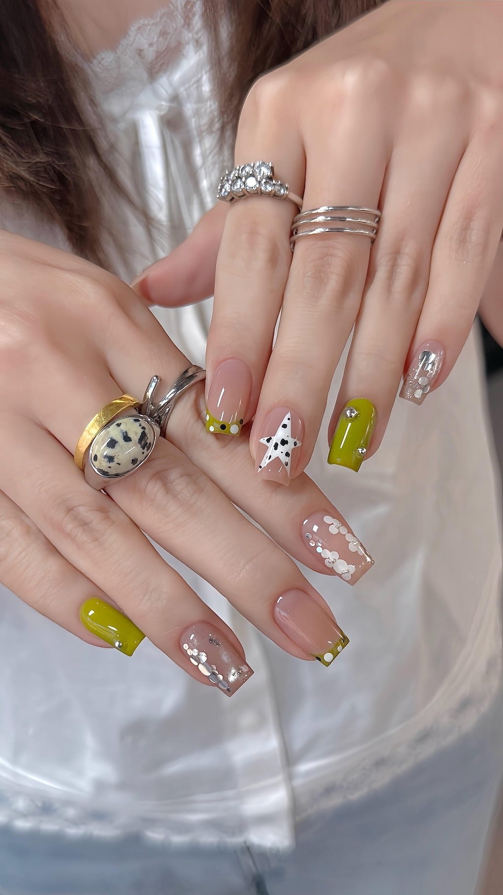 Olive Green Preppy Nails with Star and Pearl Accents