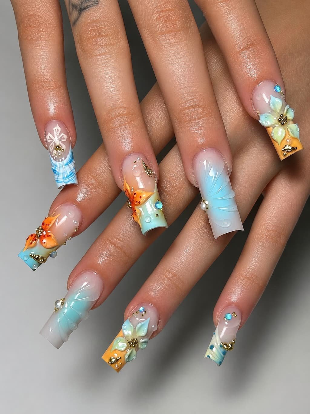 Orange Hibiscus Ocean Beachy Nail Art