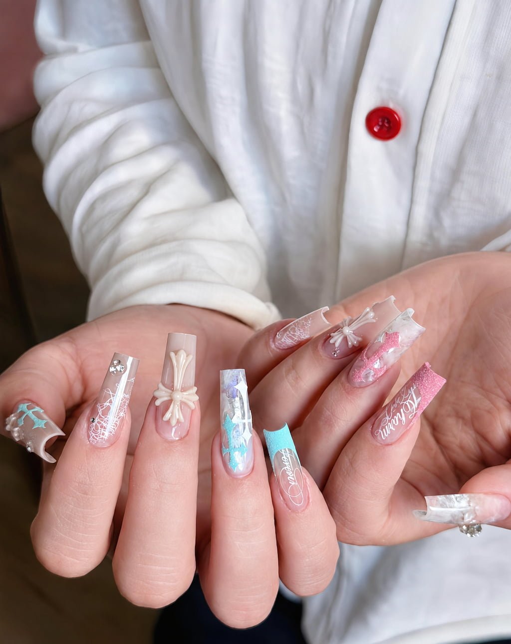 Pastel 3D Bow Summer Nail Design with Lace Details