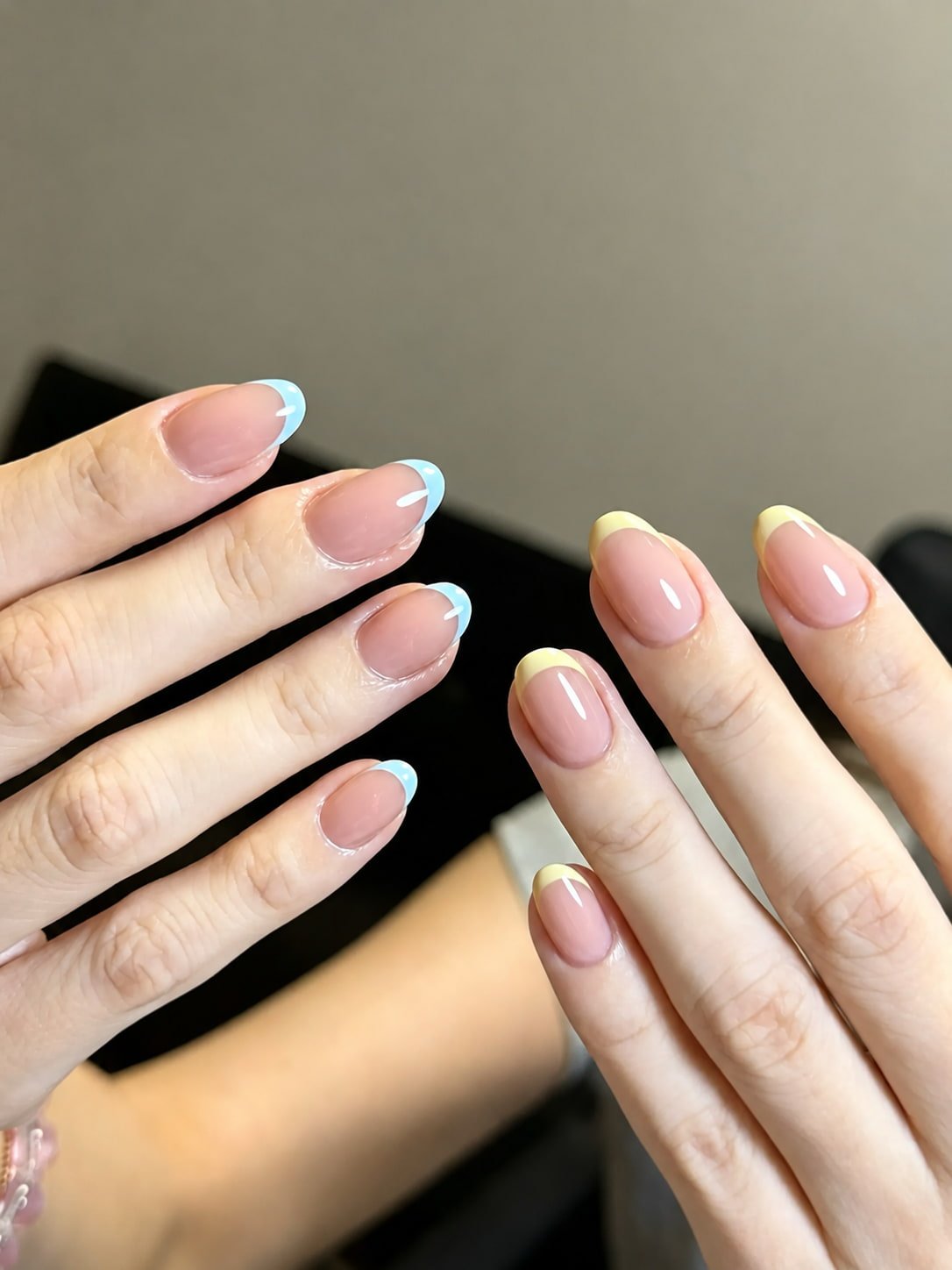 Pastel Blue and Yellow French Nails with a Sheer Pink Base