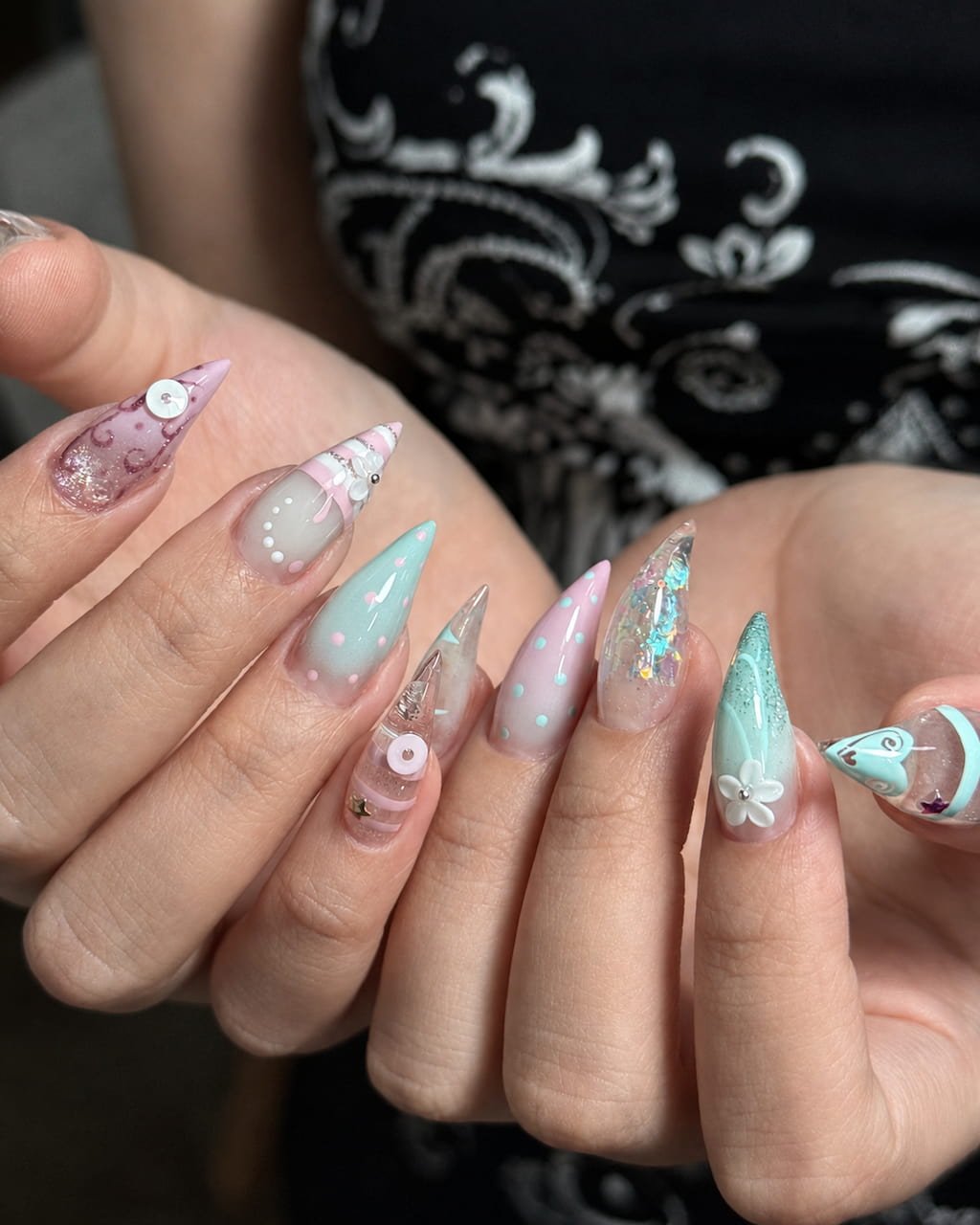 Pastel Cat Claw Nails with Polka Dots and 3D Floral Details