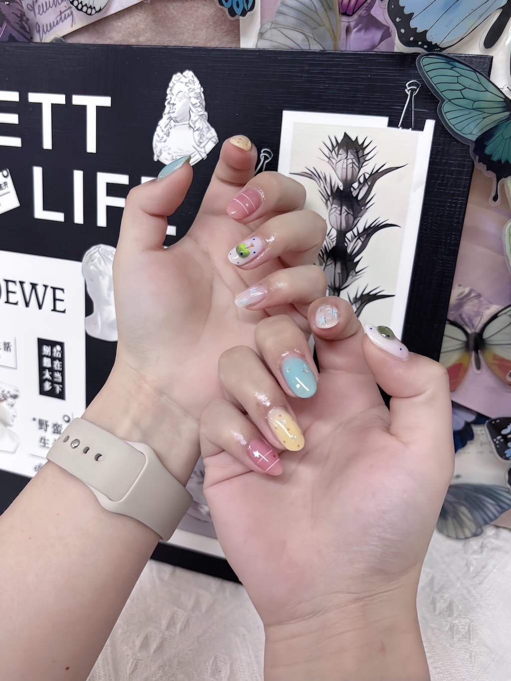 Pastel Color Block Preppy Nails with Playful Art