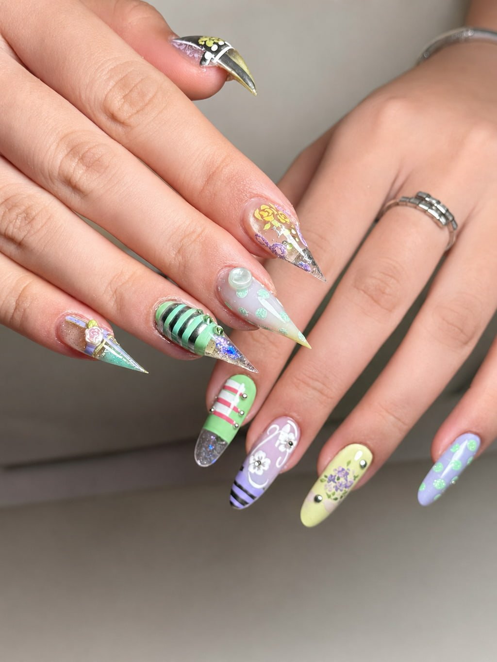 Pastel Floral Stripe Fantasy August Nails