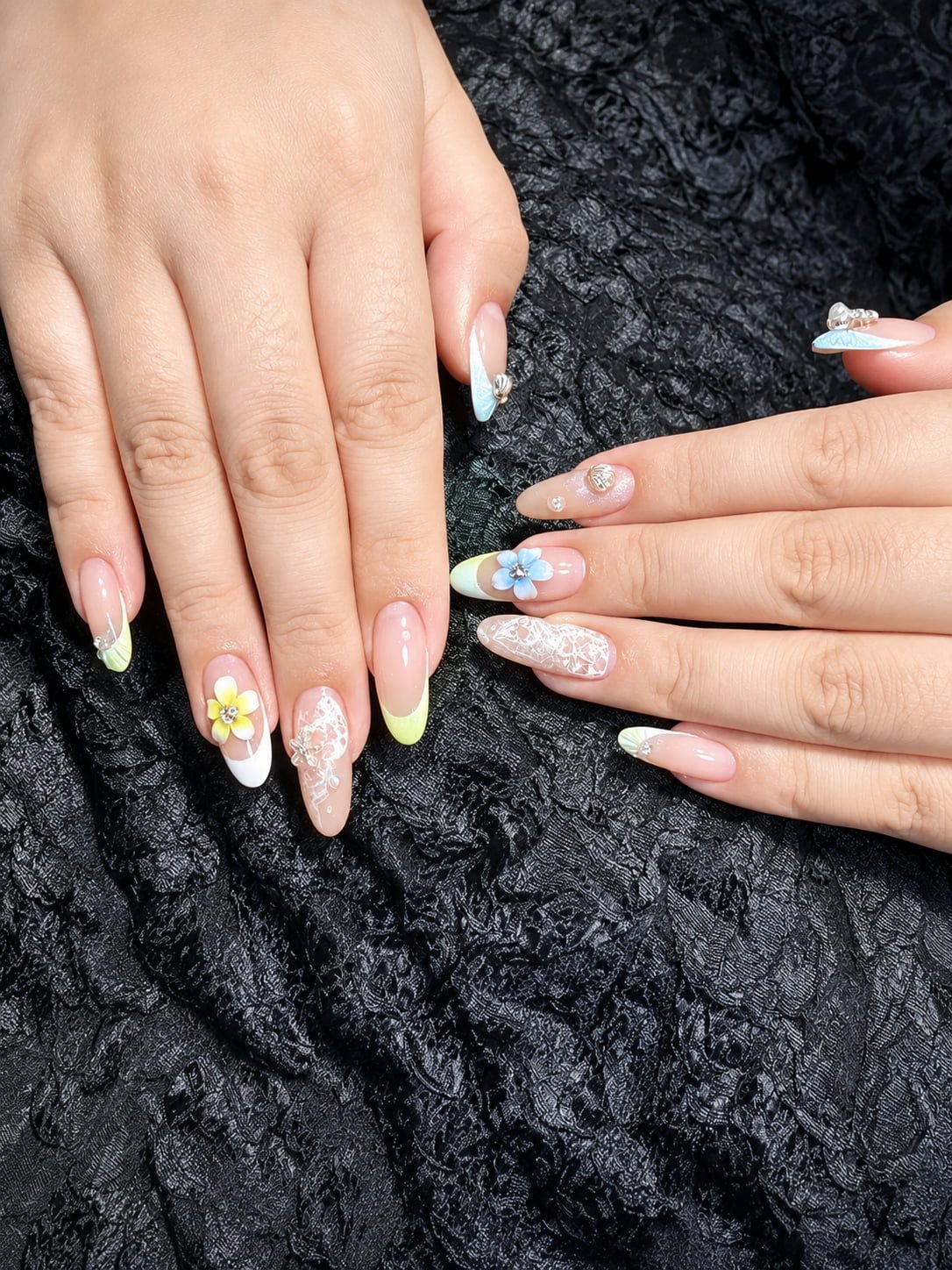Pastel French Nails with 3D Flowers and White Lace Art