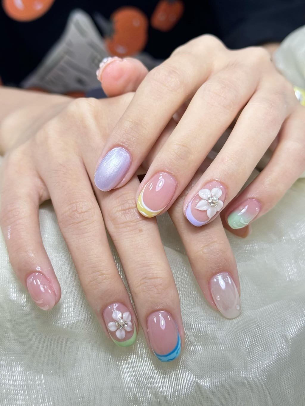 Pastel French Tip Preppy Nails with 3D Flowers