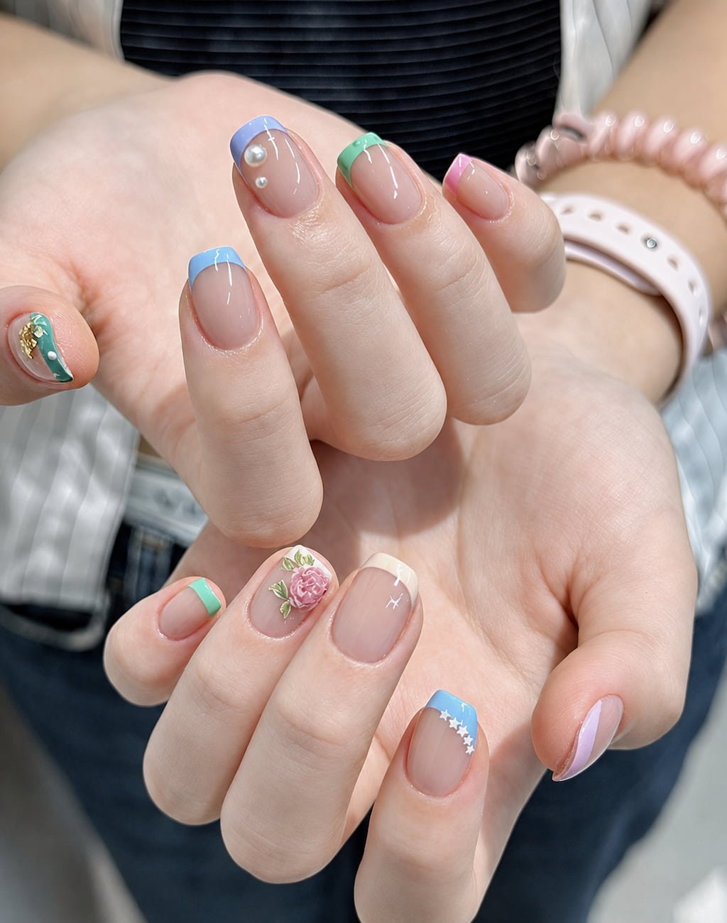 Pastel French Tip Preppy Nails with Floral and Pearl Details
