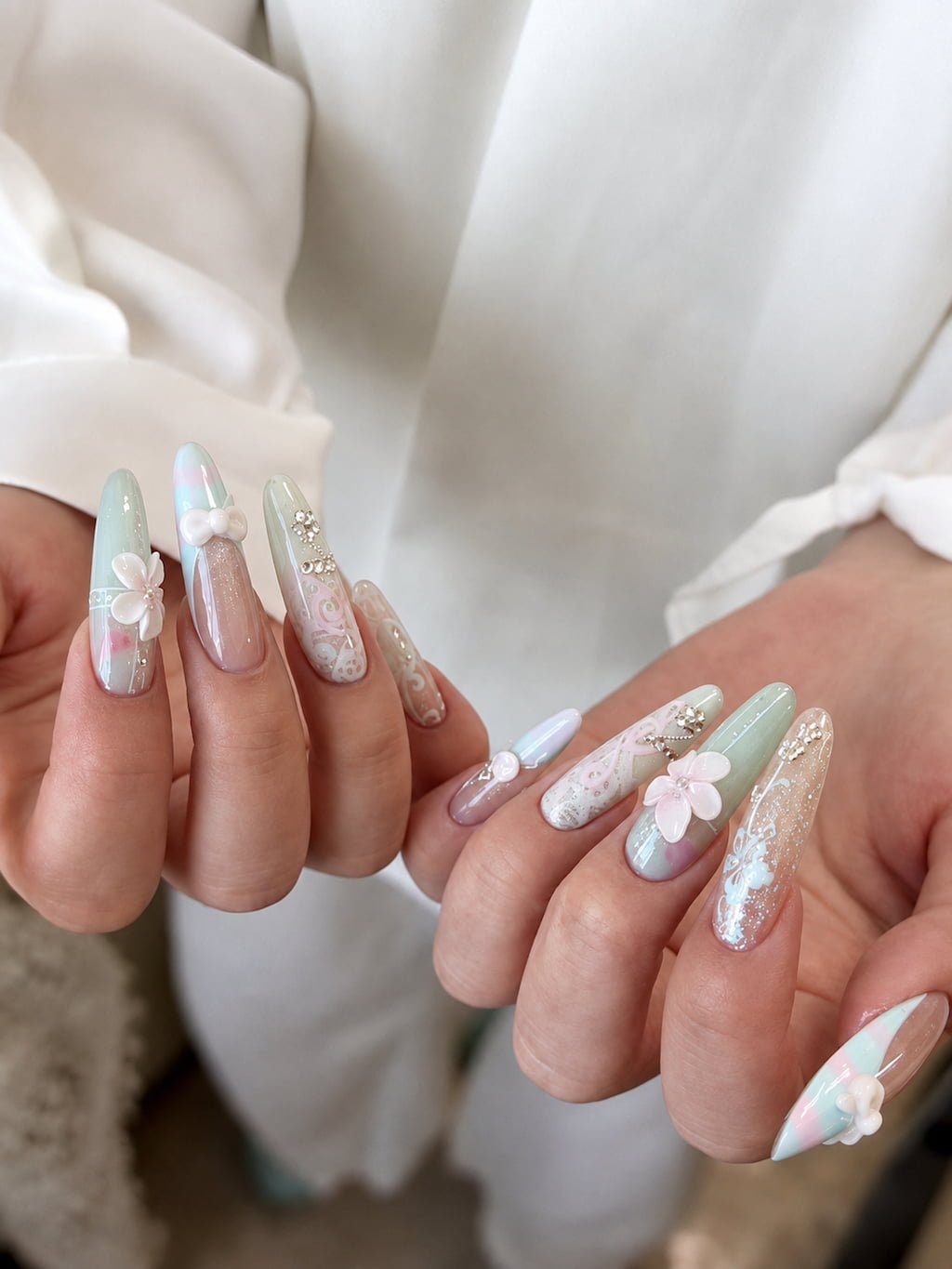 Pastel Green and Pink 3D Floral Summer Nail Design