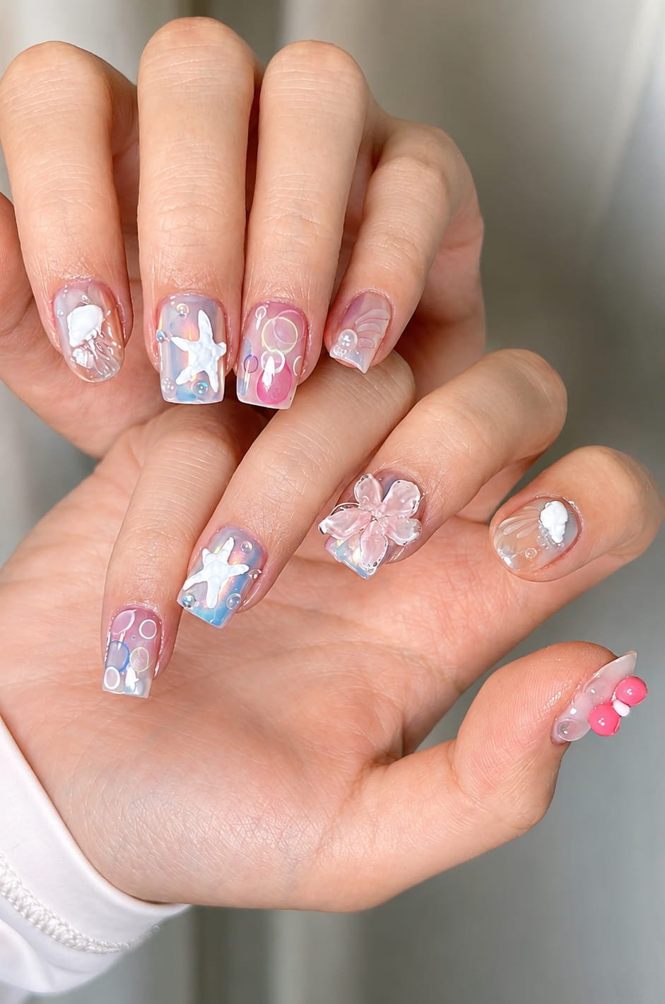 Pastel Starfish Bubble Beachy Nail Design