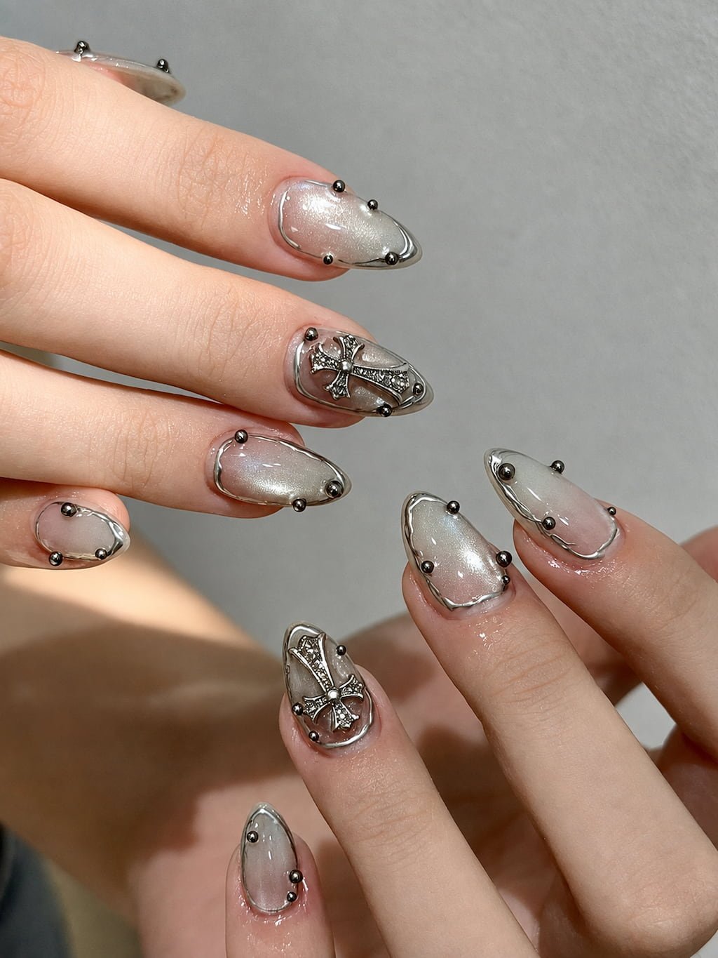 Pearl Chrome Cross Y2K Nails with Silver Studs