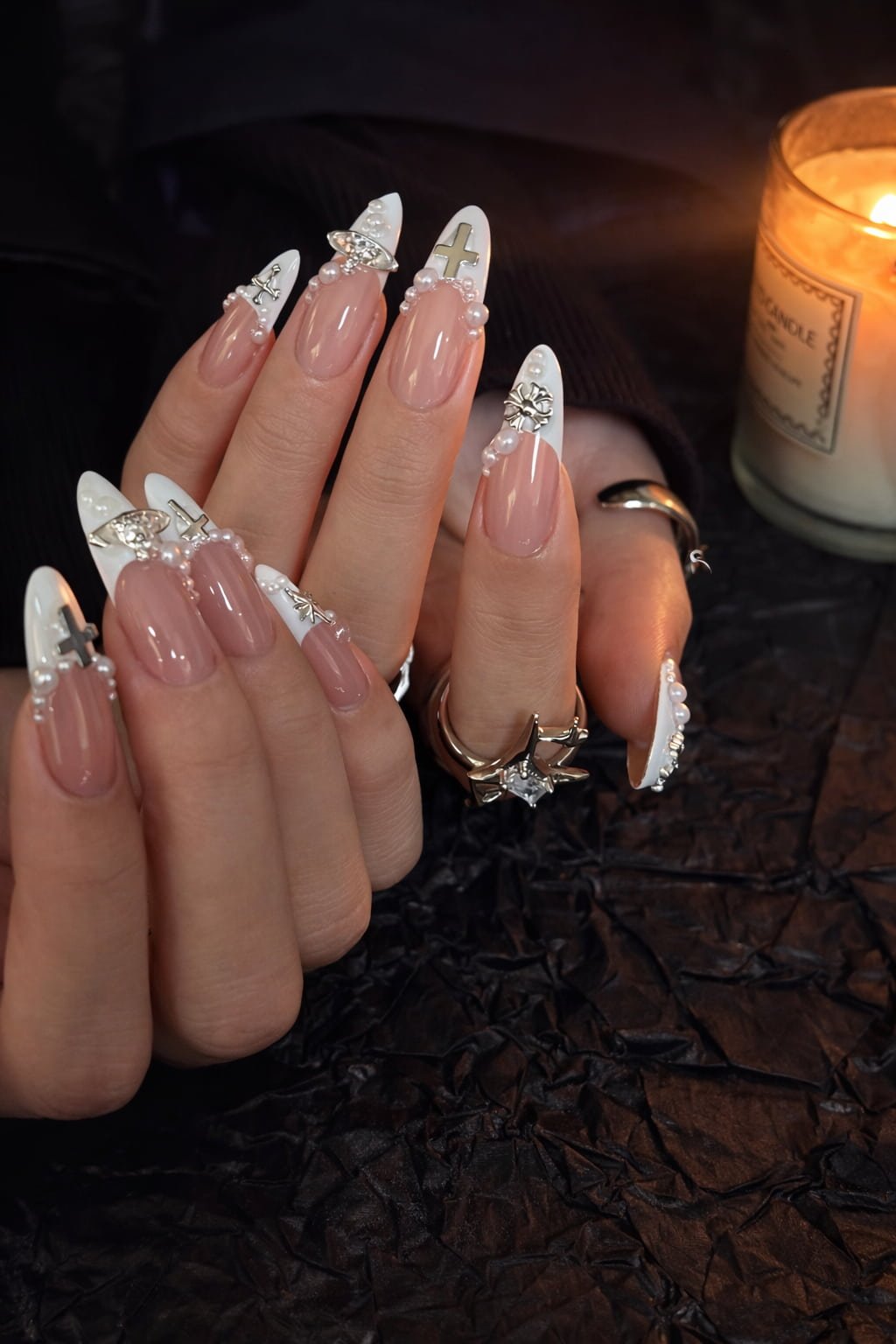 Pearl Cross French Y2K Nail