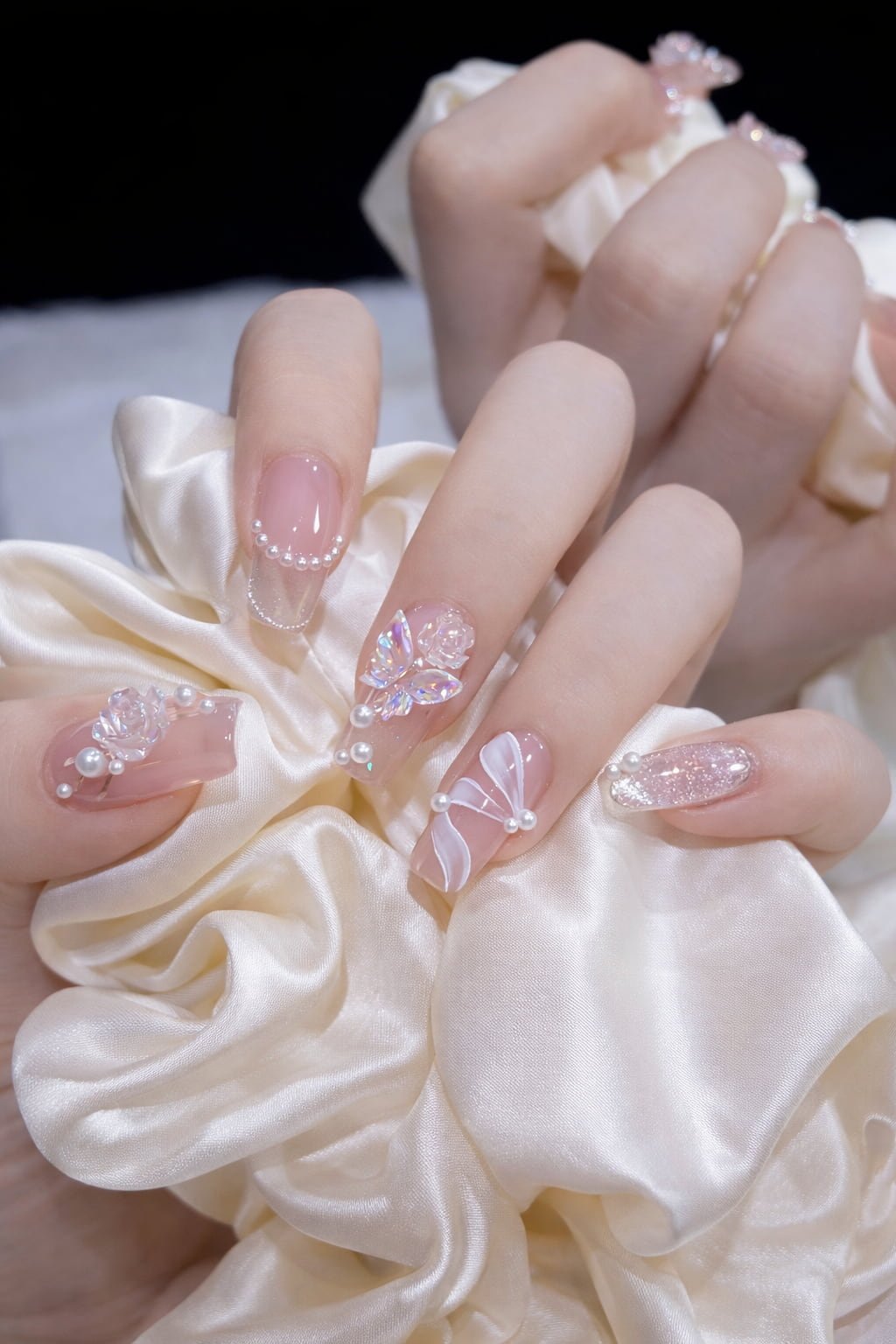 Pearl Pink Wedding Nails with 3D Roses and Butterfly