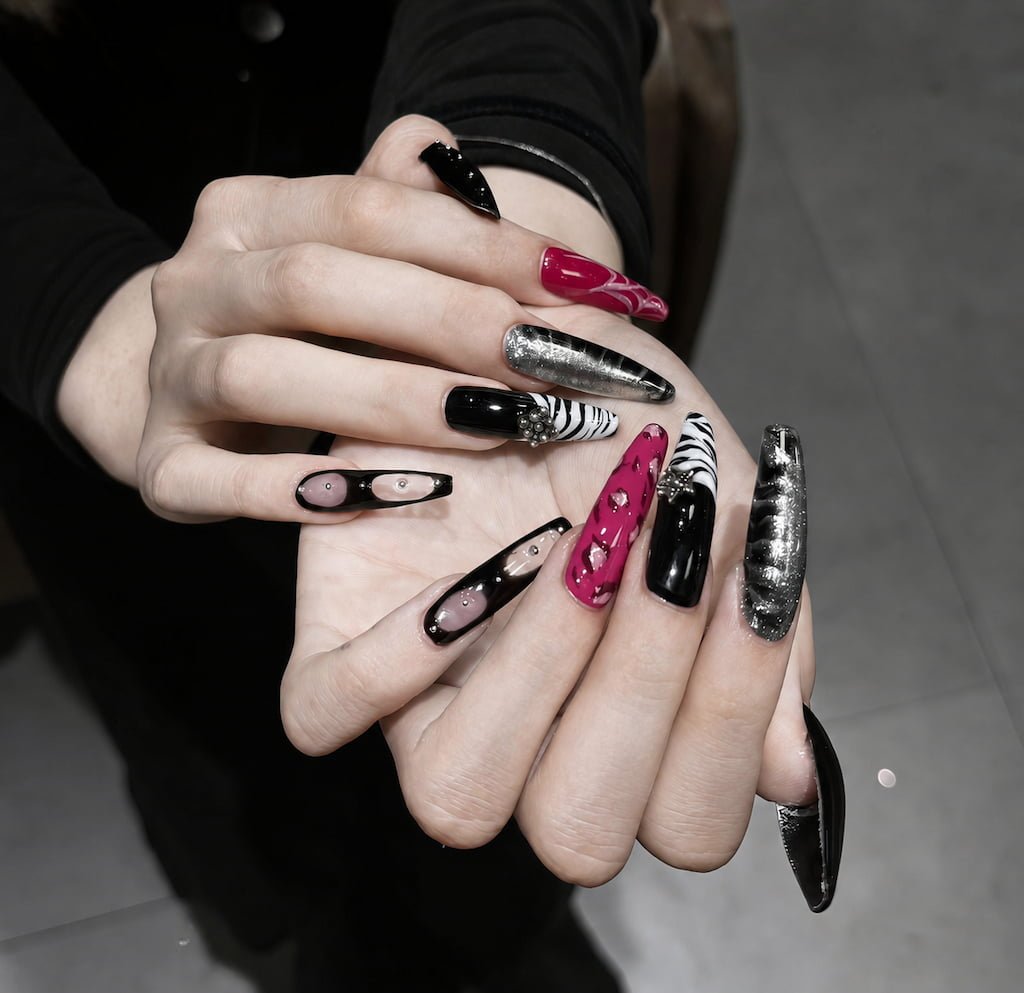Pink and Black Zebra Print Y2K Nails