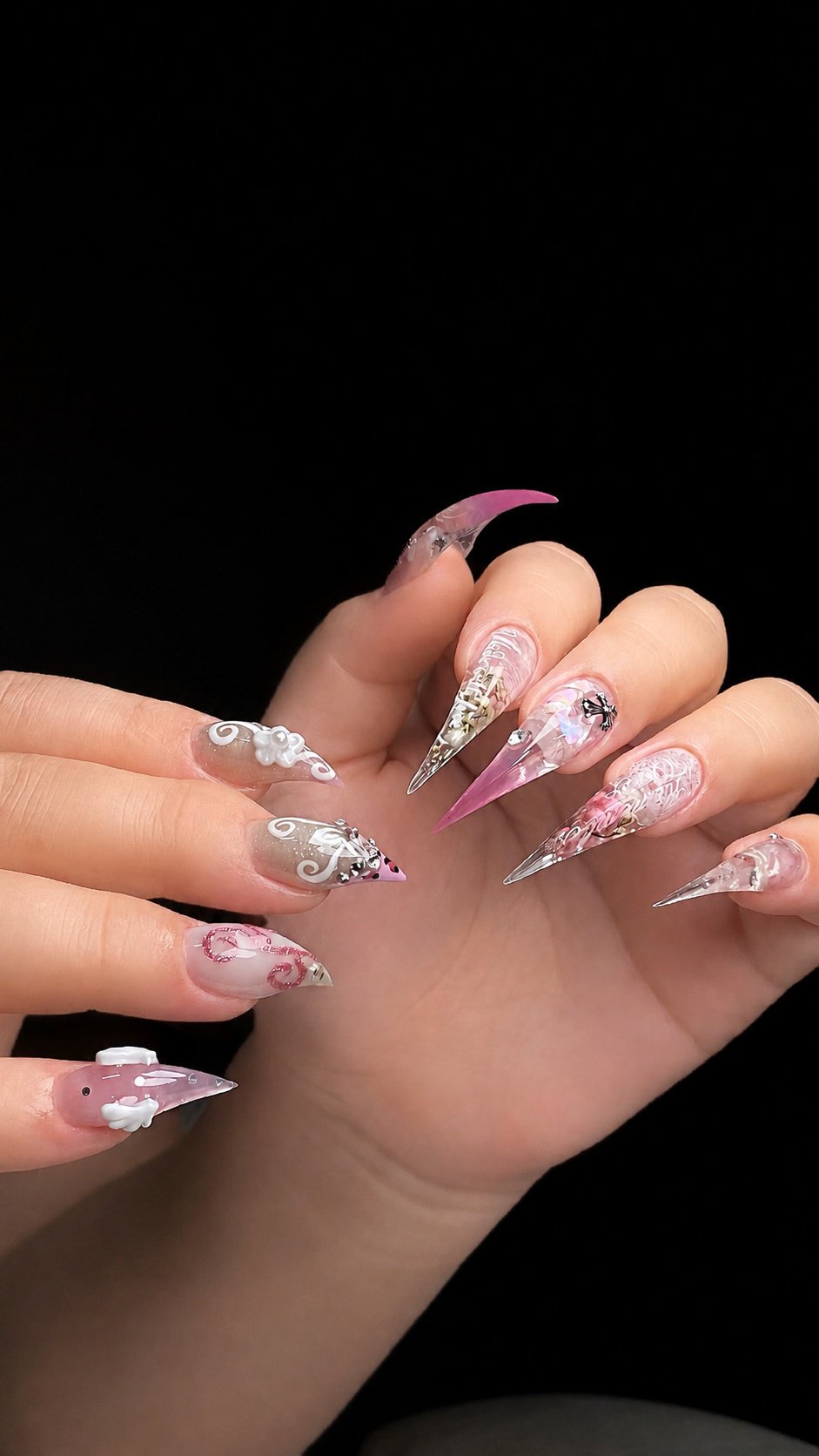 Pink and Clear Cat Claw Nails with 3D Bows and Lace Art