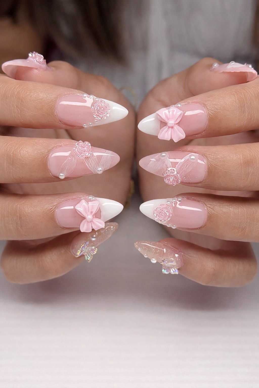 Pink and White Wedding Nails with 3D Bows and Roses