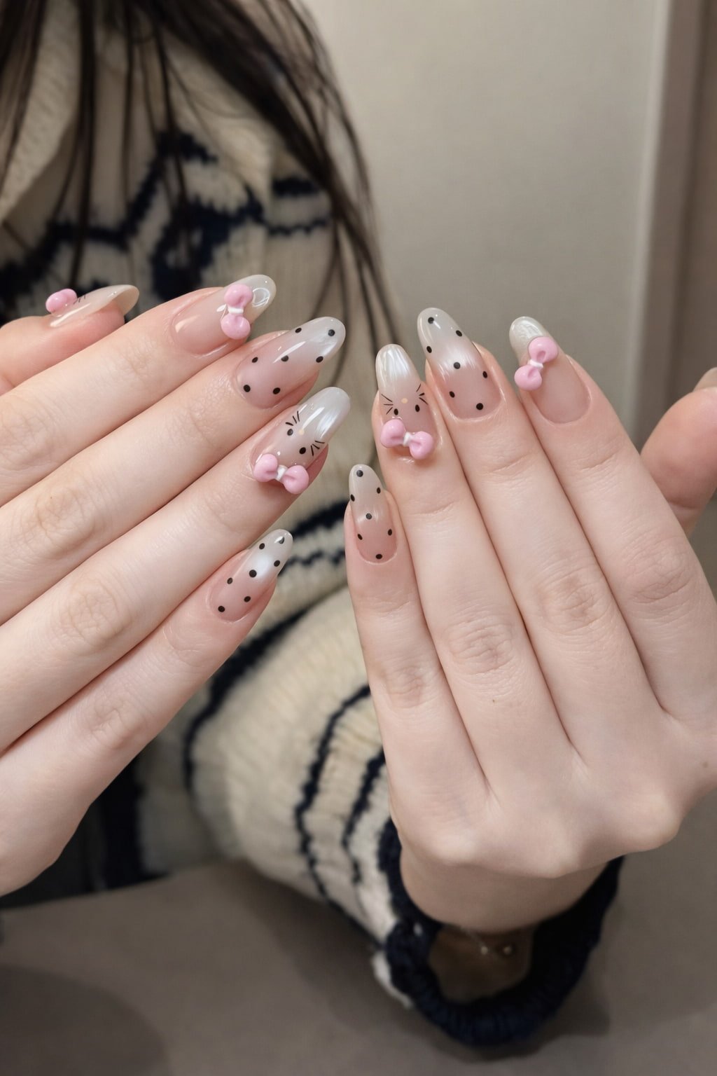 Pink Bow Polka Dot Hello Kitty Nail Design