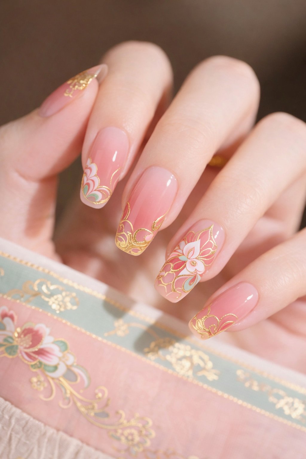 Pink Chinese Wedding Nails with Gold Floral Patterns